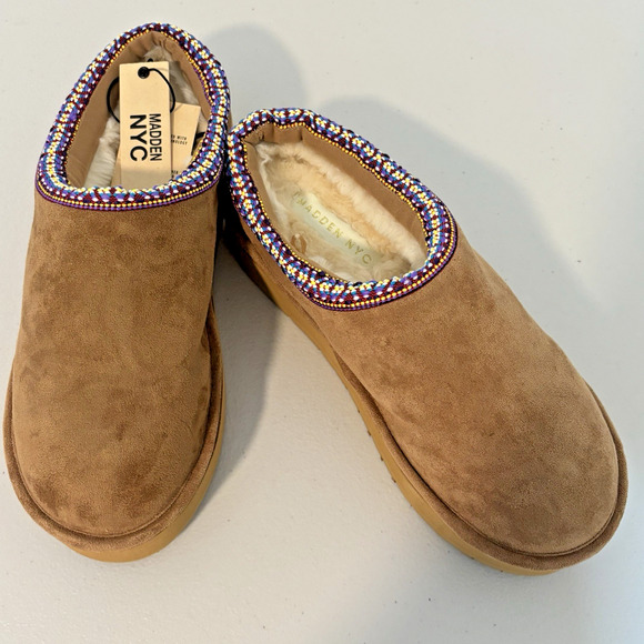 Madden NYC Women’s Cognac Faux Suede Platform Mules Fur Lined Size 10 - Picture 4 of 15